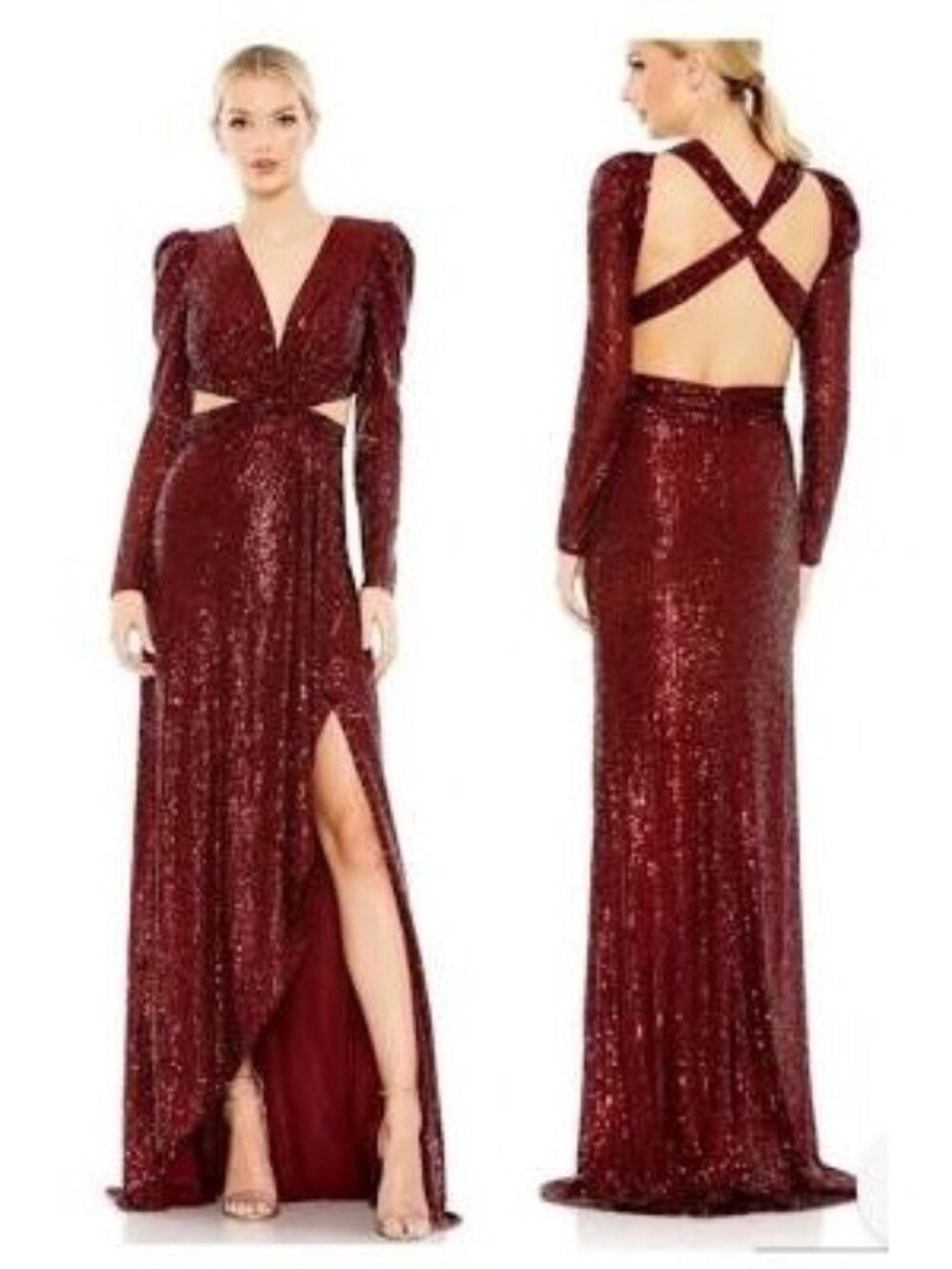 Mac Duggal Sequined Criss Cross Halter Long Sleeve Maxi Dress Size 6